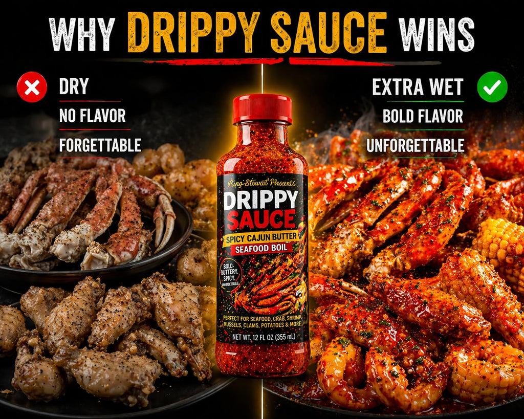 Drippy Sauce comparison graphic showing dry food and food coated with sauce
