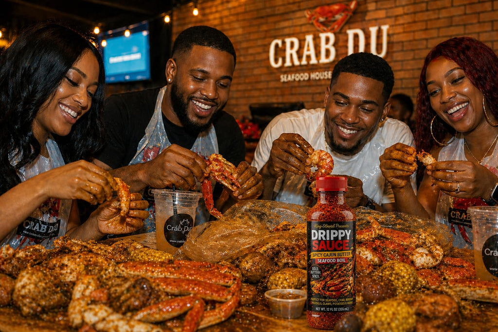 Four people sharing a seafood boil with a Drippy Sauce bottle on the table