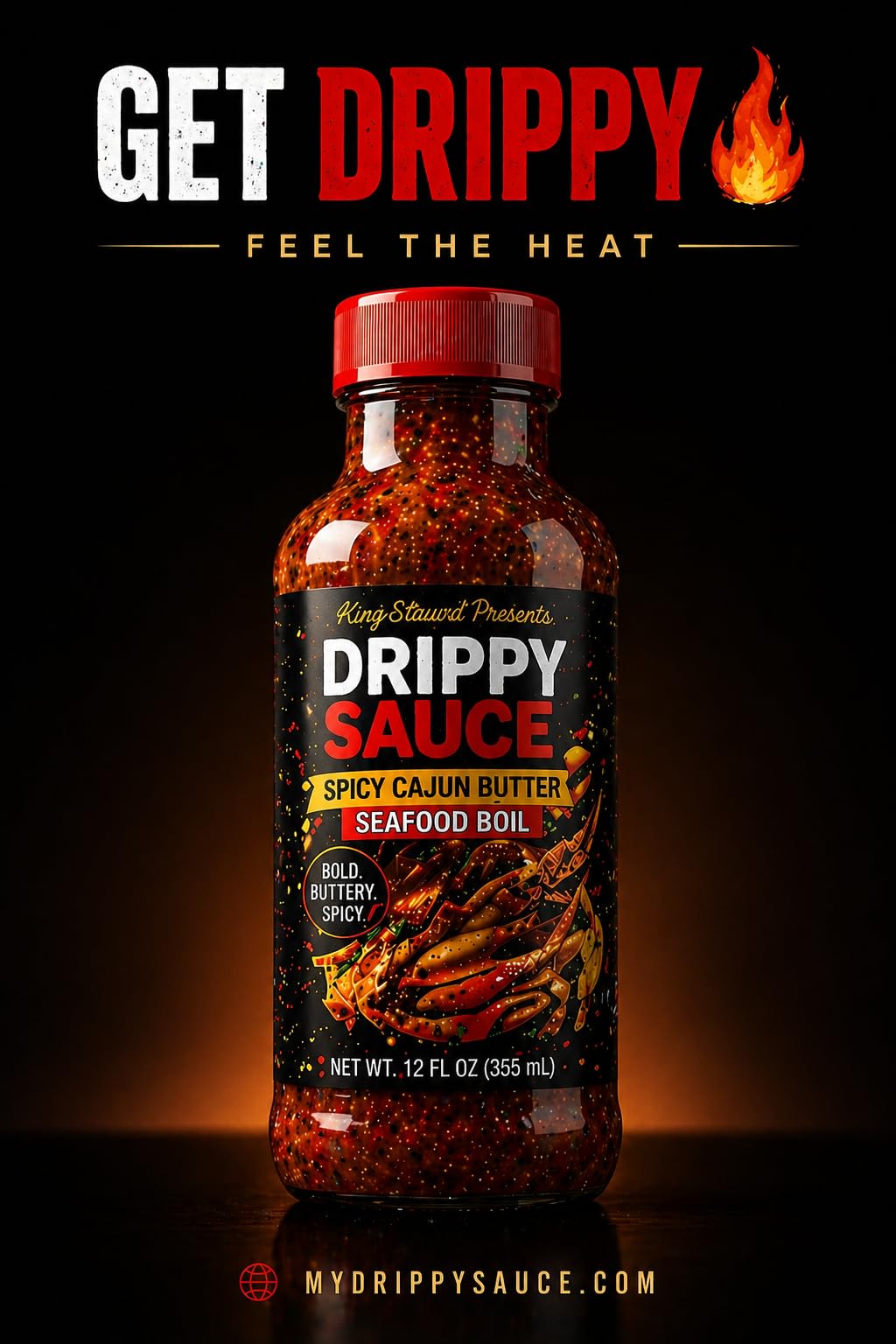 Drippy Sauce Spicy Cajun Butter bottle with Get Drippy and Feel the Heat text