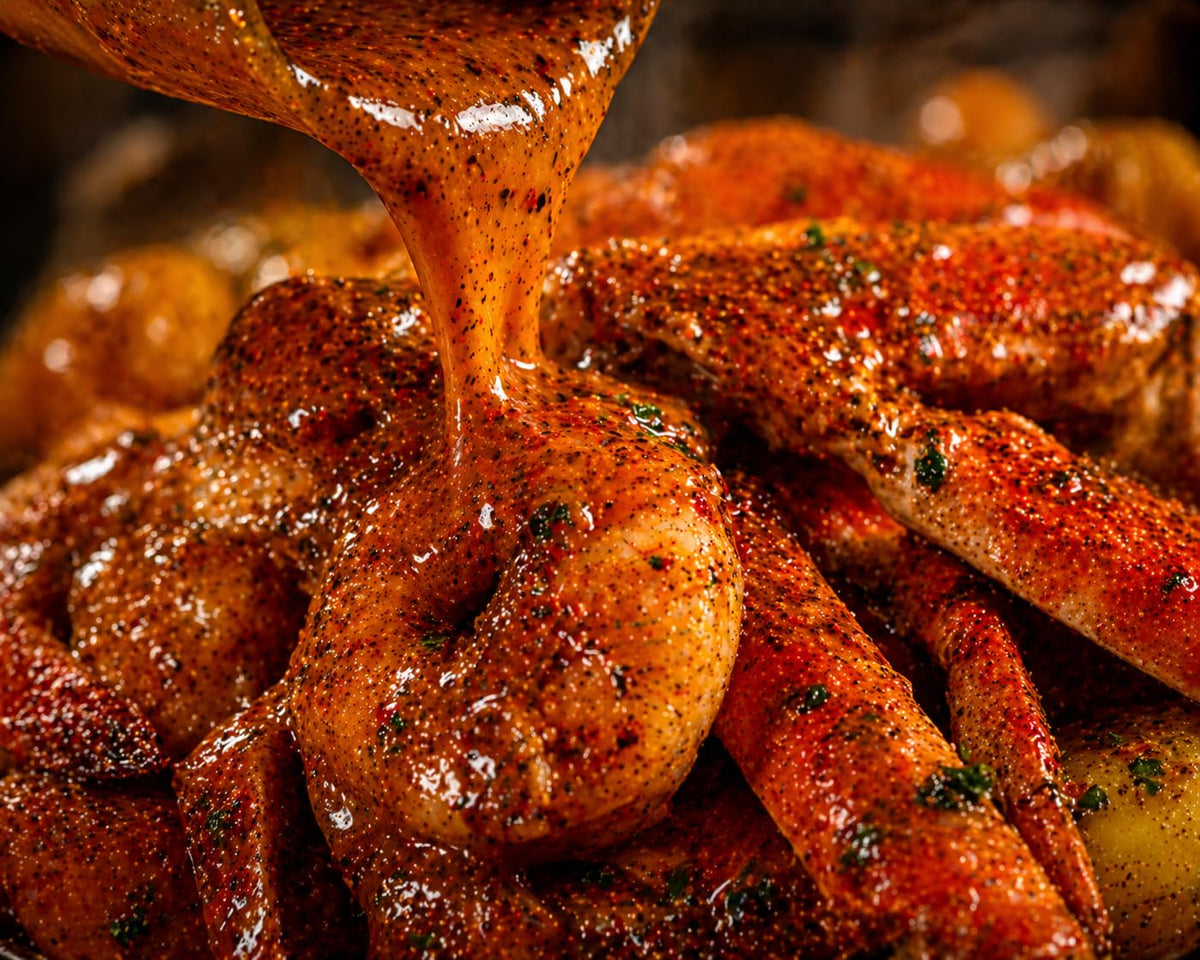 Seafood boil sauce poured over shrimp and crab legs