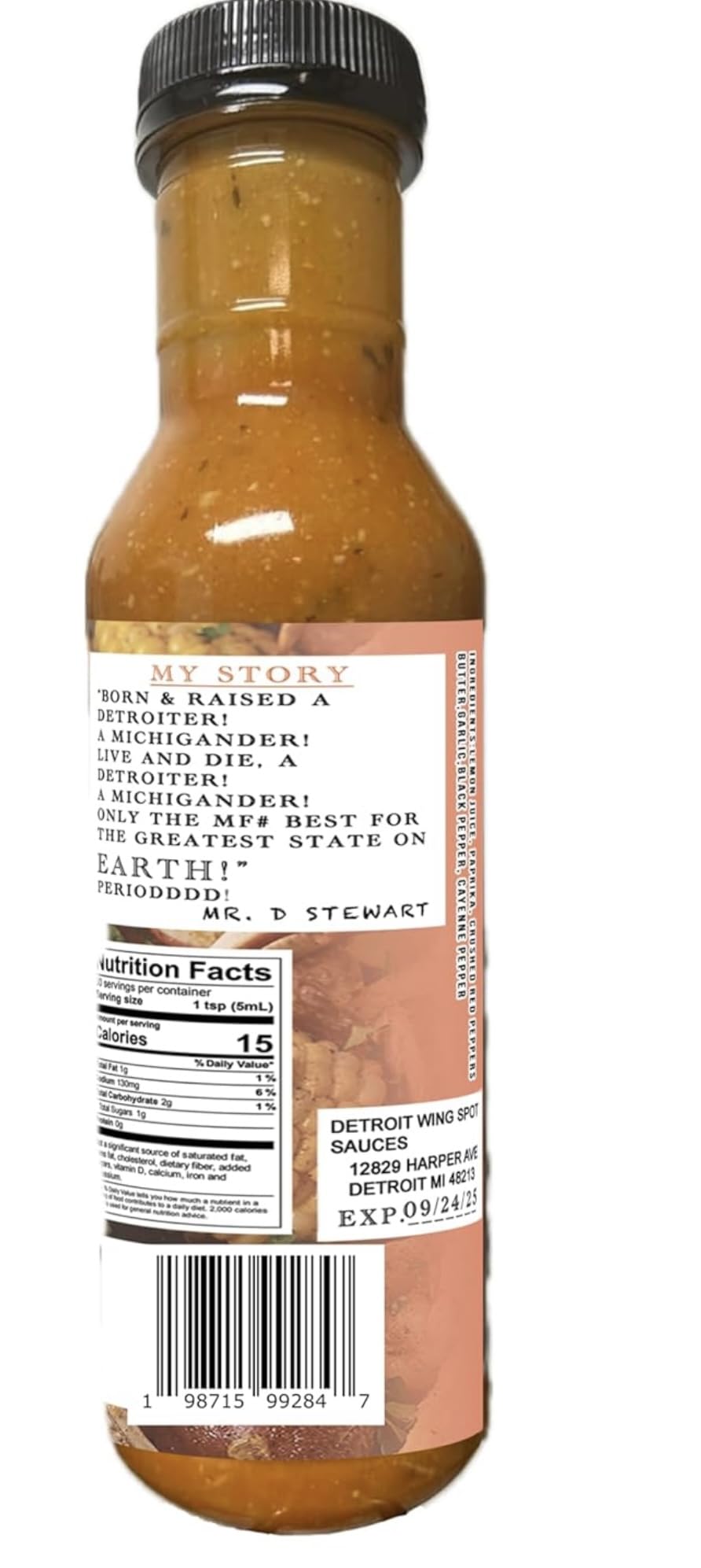 Back label of Detroit Seafood Express Spicy Cajun Garlic Butter Sauce bottle
