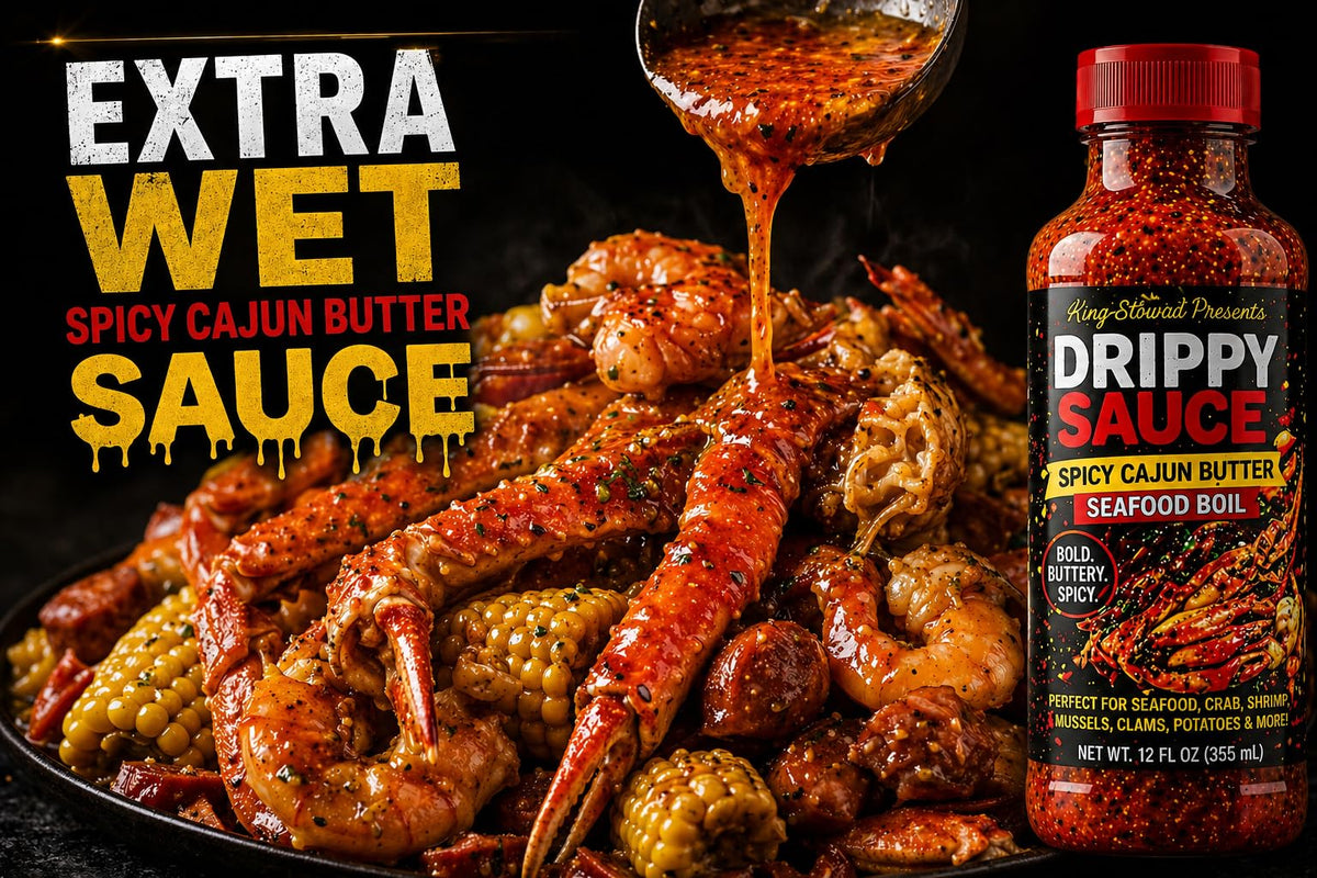 Spicy Cajun Butter sauce poured over crab legs beside a Drippy Sauce bottle