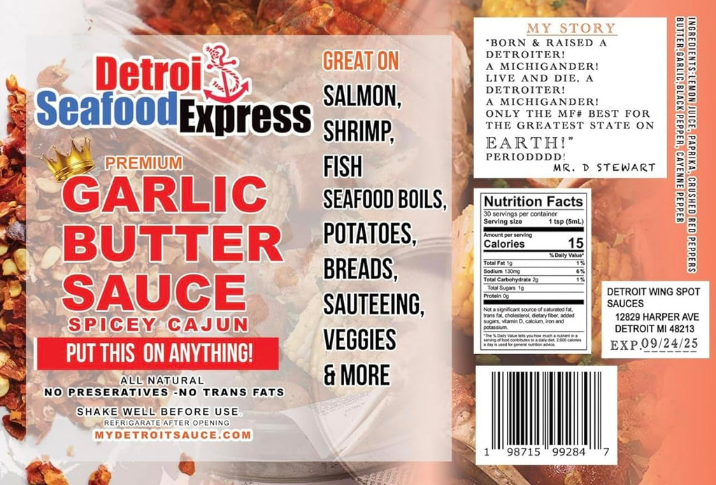 Detroit Seafood Express Spicy Cajun Garlic Butter Sauce label with ingredients, nutrition facts and barcode
