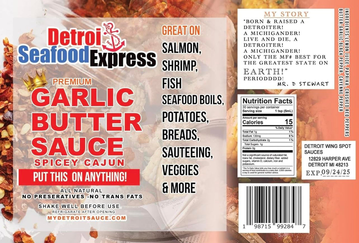 Detroit Seafood Express Spicy Cajun Garlic Butter Sauce label with ingredients, nutrition facts and barcode
