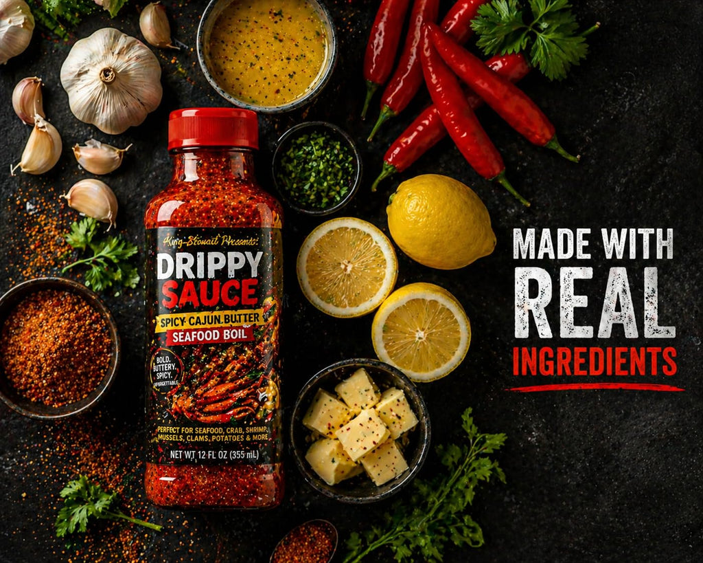 Drippy Sauce Spicy Cajun Butter bottle with garlic, peppers, lemons and spices