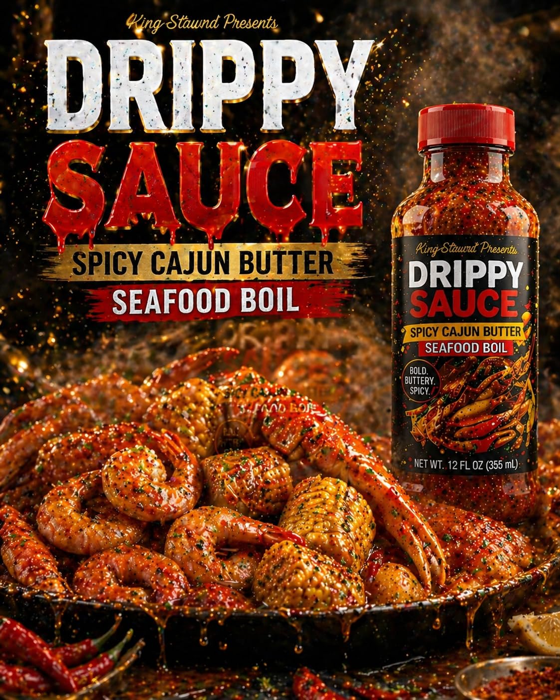 Drippy Sauce Spicy Cajun Butter bottle beside a seafood boil
