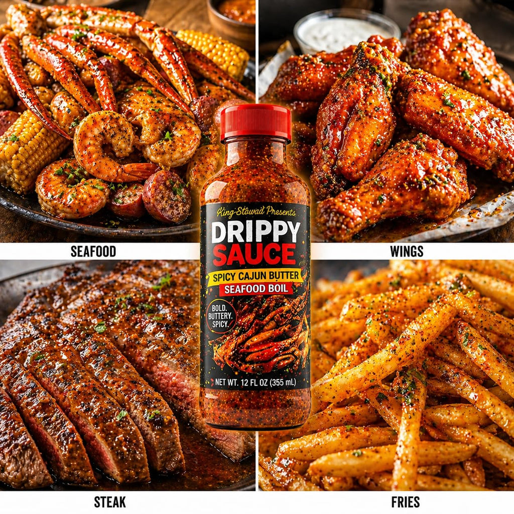Drippy Sauce Spicy Cajun Butter with seafood, wings, steak and fries