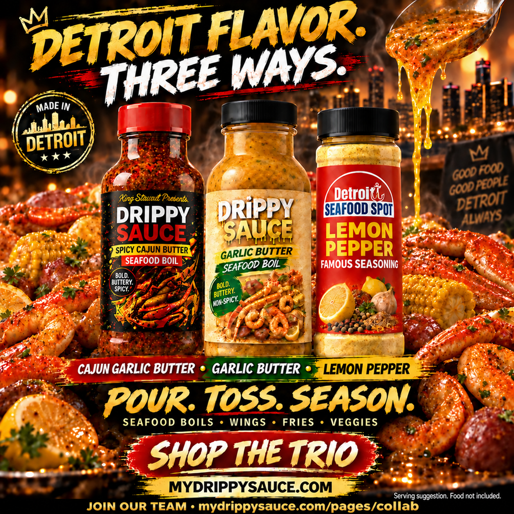 Detroit Flavor Trio: two butter sauces and lemon pepper seasoning