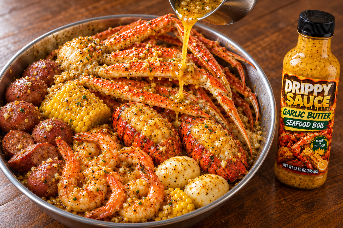 Serving suggestion: garlic butter pouring over snow crab with seafood boil and Drippy Sauce bottle