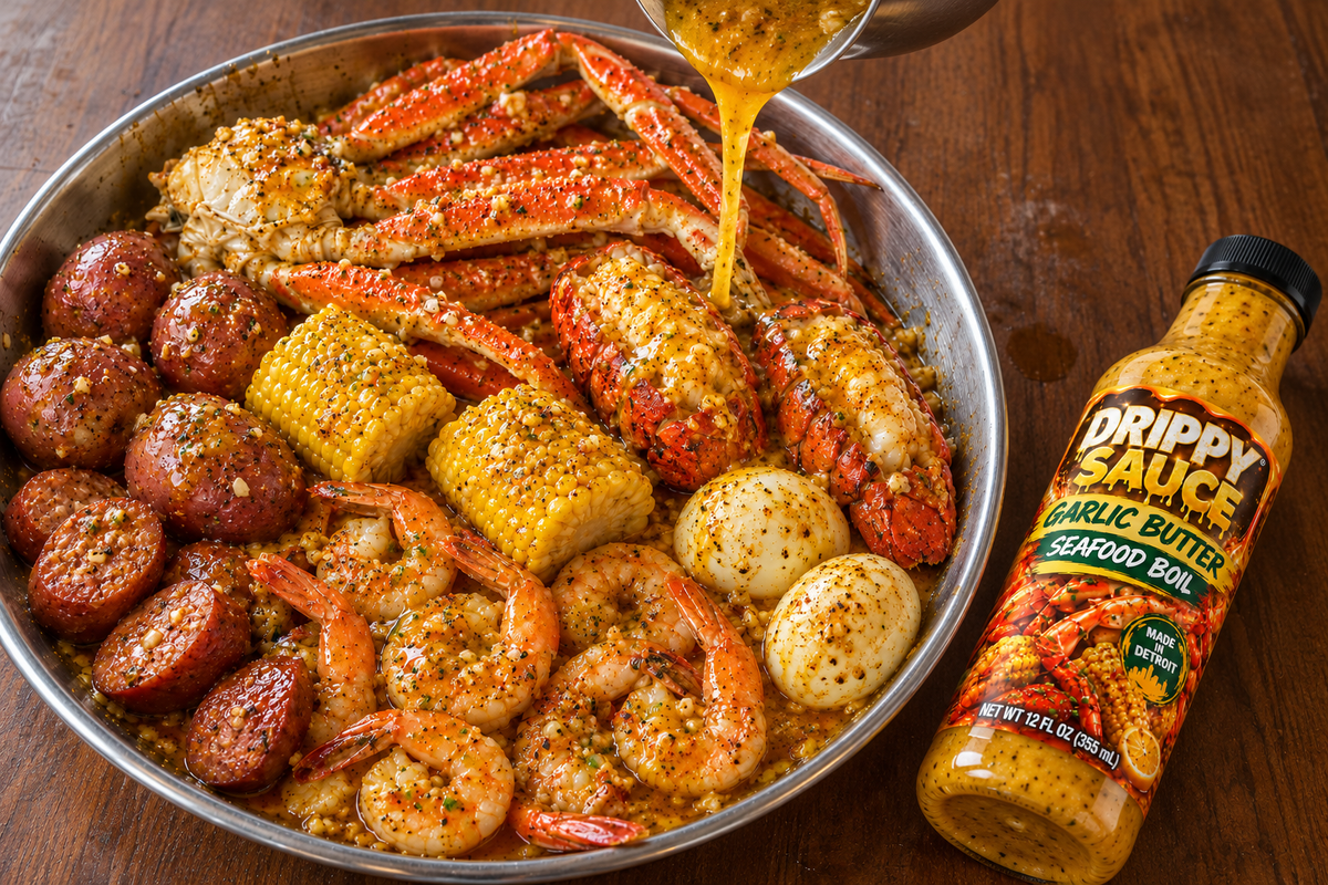 Serving suggestion: snow crab and lobster seafood boil with shrimp, eggs, potatoes, corn and sausage, garlic butter pour and Drippy Sauce bottle