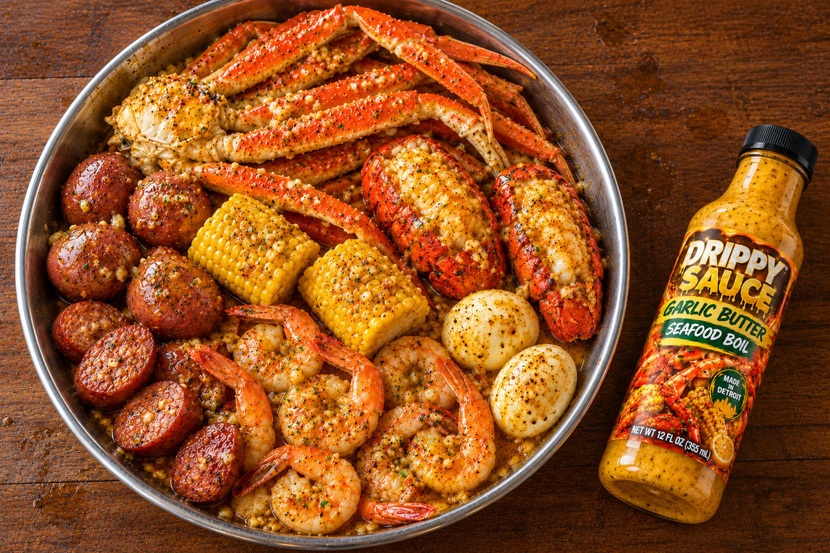 Serving suggestion: overhead seafood boil with snow crab, lobster tails, shrimp, eggs, potatoes, corn, sausage and Drippy Sauce bottle