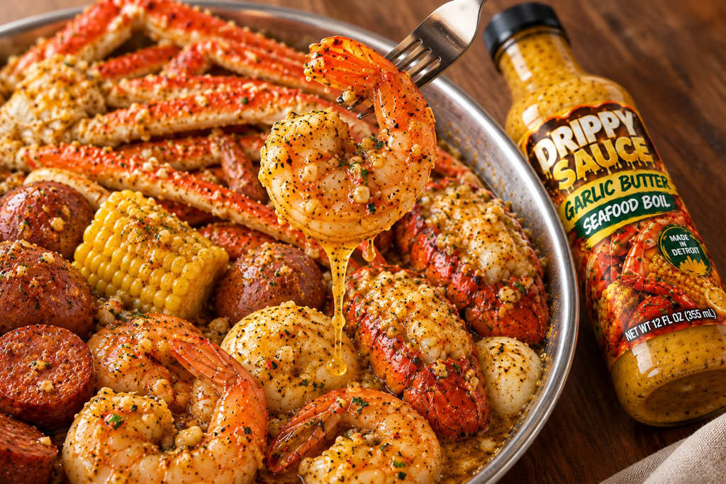 Serving suggestion: garlic butter shrimp lifted over lobster and snow crab seafood boil