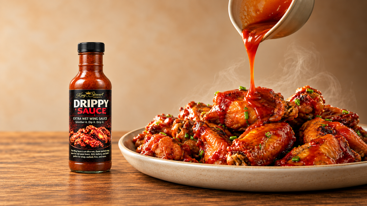 Drippy Sauce Extra Wet Wing Sauce bottle beside sauced chicken wings