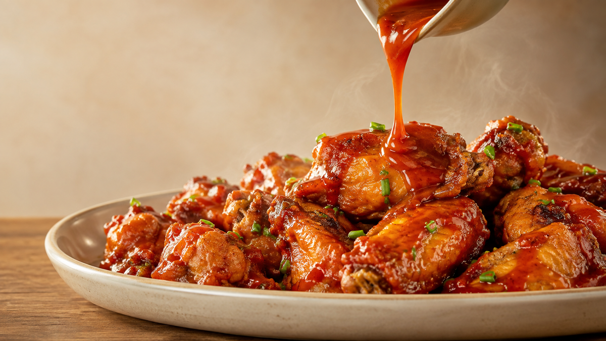 Drippy Wing Sauce poured over chicken wings