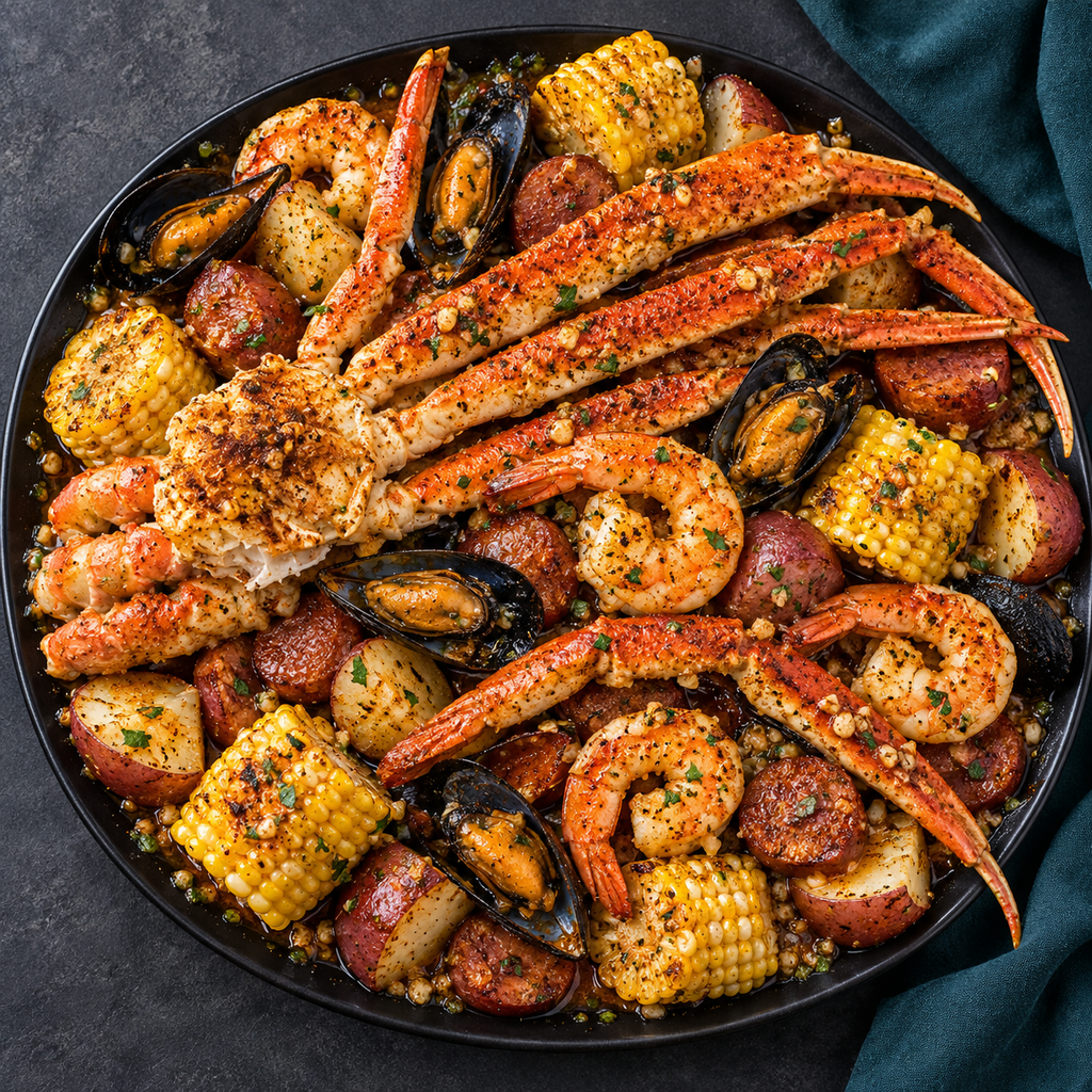 Overhead view of Detroit Seafood Express garlic butter seafood boil platter