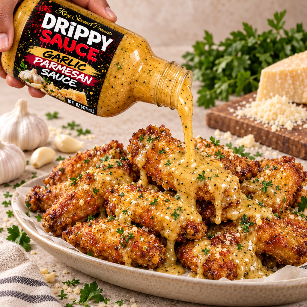 Drippy Sauce Garlic Parmesan Sauce poured over wings