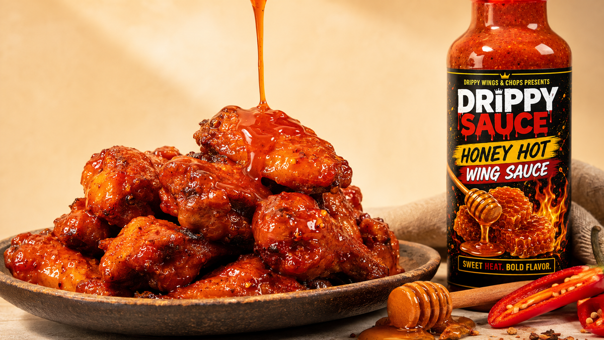 Honey Hot sauce poured over spicy chicken wings