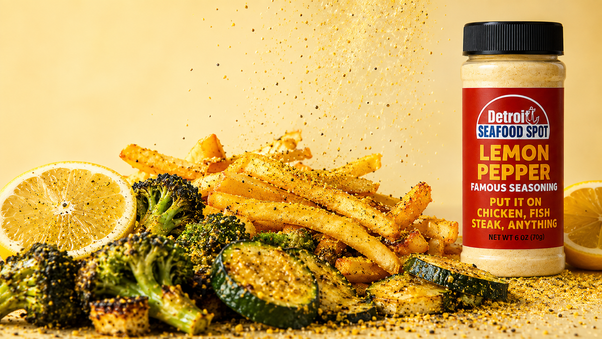 Detroit Seafood Spot Lemon Pepper seasoning on fries and vegetables