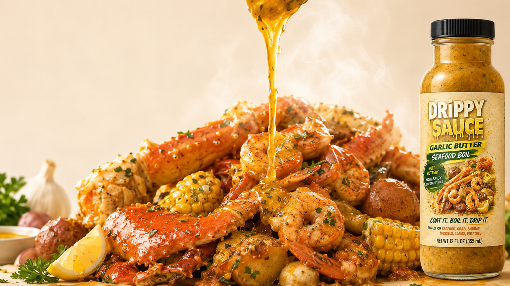 Drippy Sauce Garlic Butter Seafood Boil Sauce poured over seafood