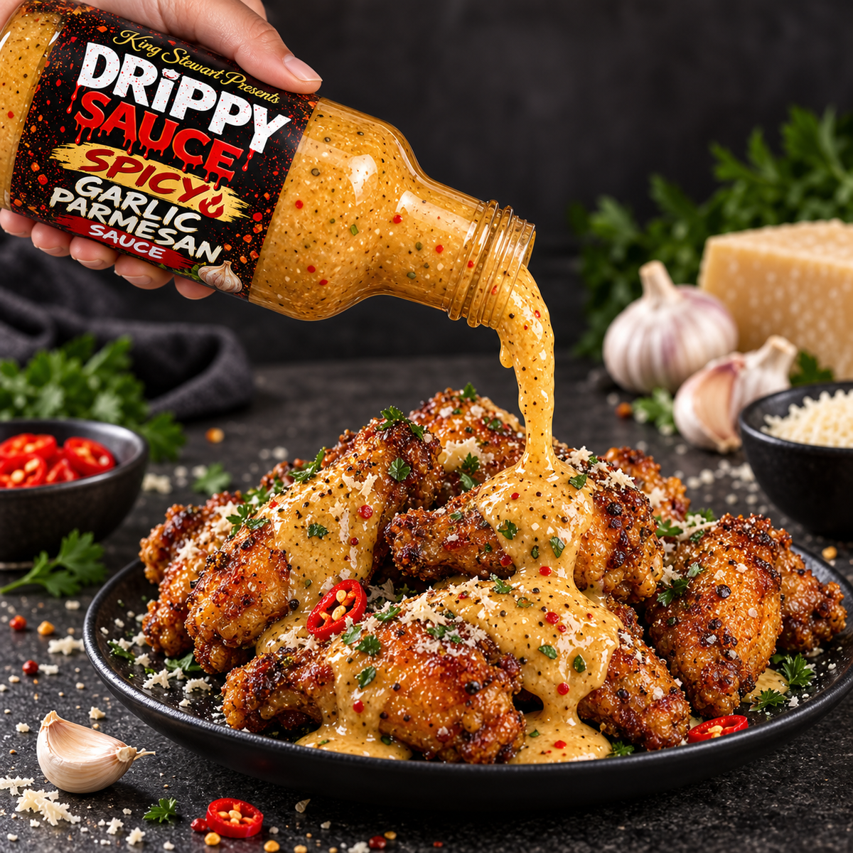 Drippy Sauce Spicy Garlic Parmesan Sauce poured over wings